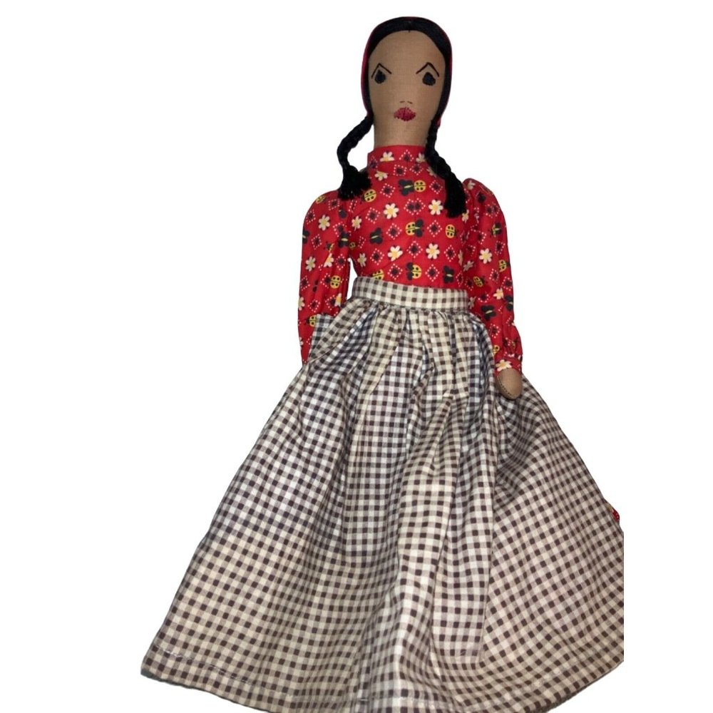 Cloth Doll  red Bonnet & brown plaid apron 14 Inch